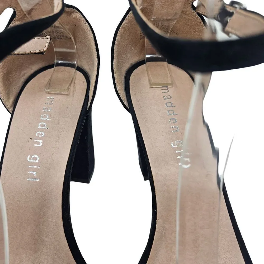 MADDEN GIRL Beella Black Heeled Sandal Open Toe Ankle Strap Size 8 Velvet